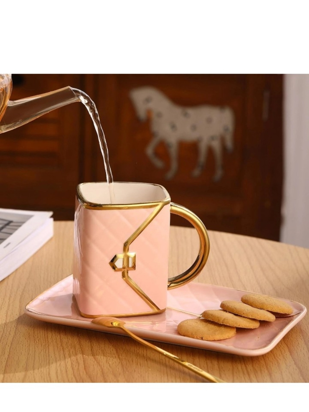 Pink Handbag Shaped Mug, Saucer, and Spoon. Cute Purse Coffee Ceramic Mug Set.